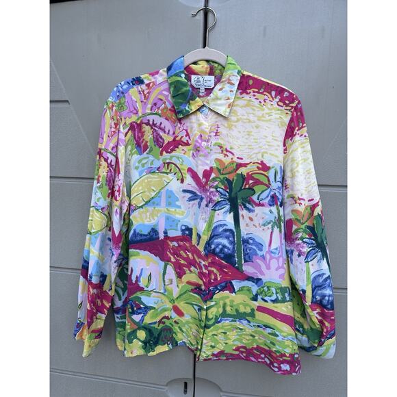 Michael Leu Women's Silk Button Up Shirt Artsy Palm Tree Hawaiian Watercolors 1X - Picture 2 of 10